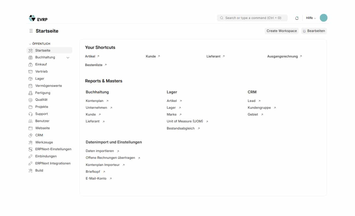 Screenshot der EVRP Startseite